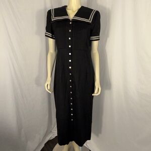 Vintage 90s Jessica Howard Petite Black Linen Blend Sailor Midi Dress Nautical P